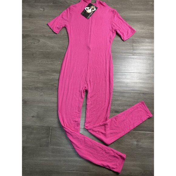Naked Wardrobe Pink Crew Neck Short Sleeve Bodycon Jumpsuit Size 1 Catsuit New - Picture 1 of 6